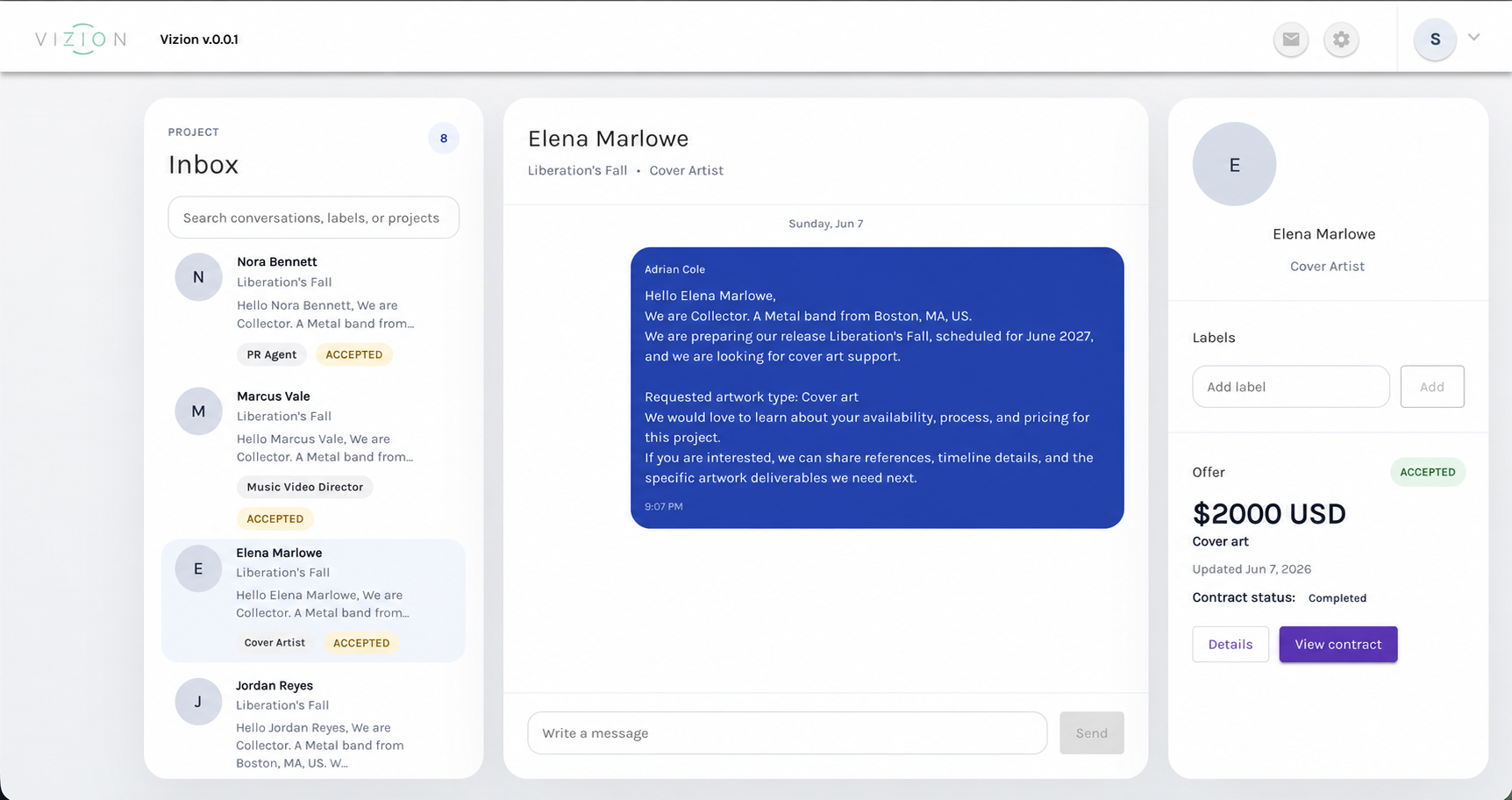 VIZION industry professional conversation and contract workspace